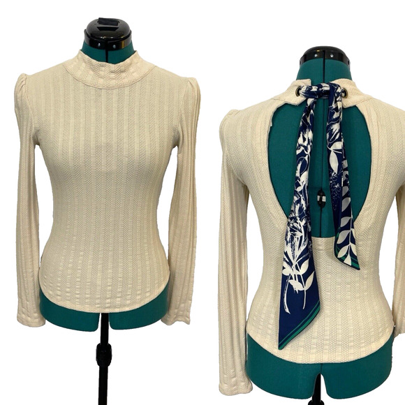Free People Party in the Back Top Ribbed Knit Open Back w/ Scarf Tie Ivory Small - Picture 1 of 9